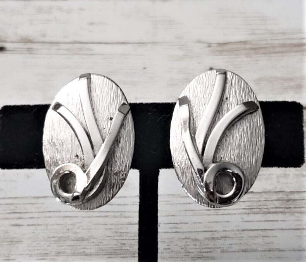 Vintage Whiting & Davis Co Clip On Earrings Silver Tone Oval with Flower